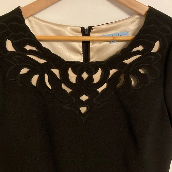ANTONIO MELANI Black Midi Sheath Dress with Cutout Design Cap Sleeves Size 10 - Picture 3 of 14
